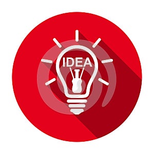 Red flat round idea glowing light bulb line icon, button with long shadow isolated on a white background.