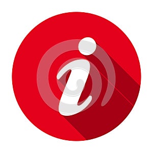 Red flat round information icon, button with long shadow isolated on a white background.