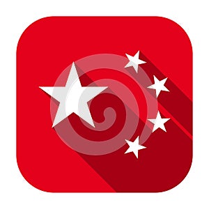Red flat rounded square five stars of flag of People`s Republic of China icon, button with long shadow.