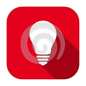 Red flat rounded square light bulb icon, button with long shadow.