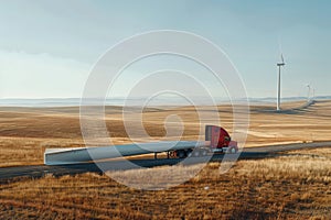 Red flatbed truck transporting a wind turbine blade across scenic landscape