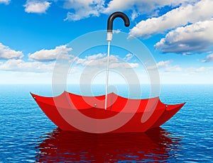 Red floating umbrella in the sea