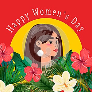 Red Floral Banner Celebrating Happy Women's Day with a Pretty Woman Portrait in Leaves and Flowers.