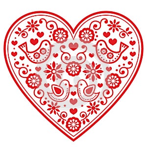 Folk heart pattern with flowers and birds - Valentine`s Day, wedding, birthday greeting card photo