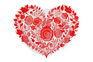 Red Floral Heart on white background for Valentine's Day, Wedding, Anniversary. Top view