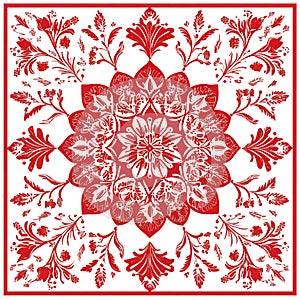 Red Floral Mandala Design Elegant Square Pattern for Textile or Wallpaper