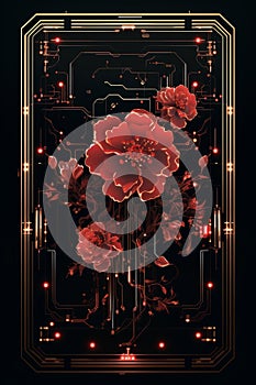 a red flower on a black background with a circuit board in the background