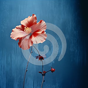 Red Flower On Blue Background: A Graceful Balance Of American Romanticism And Chinese Brushwork