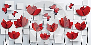 red flower with butterflies wallpaper for decor
