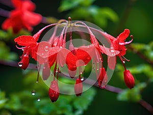 Red flower with droplets of water on its leaves. These droplets are located near center of flower, and they give it an