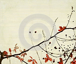 Red Flower And Foliage on Bamboo Background