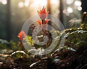 a red flower in the forest with the sun shining through the trees