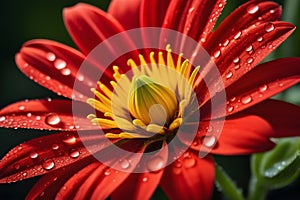 Red flower in full bloom with water droplets on petals