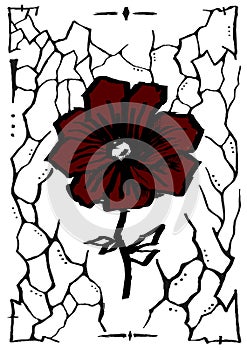 Red flower. Gothic style postcard with abstract doodle elements. Hand drawn vector sketch