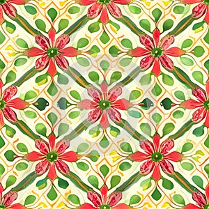 Red flower with green leaf batik like pattern photo