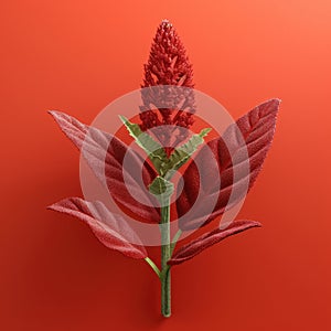 Red flower with green leaves, sitting on top of an orange background. The flower is positioned in center of frame and