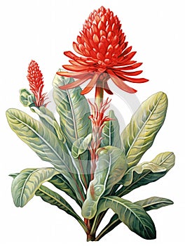 Red flower with green leaves, sitting on top of stem. It is surrounded by other plants and flowers in background. The