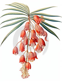 Red flower with green leaves and stems. It is depicted as an artistic rendering, possibly for decorative or educational