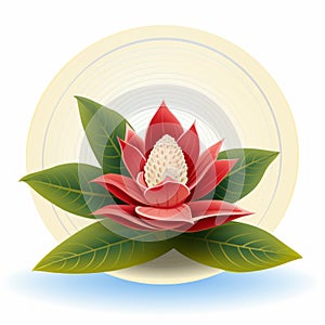 a red flower with green leaves on a white background