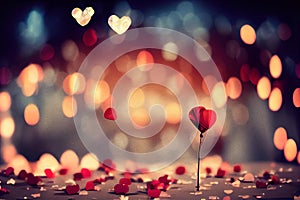 a red flower with hearts floating around it on a table with a blurry background of hearts floating around