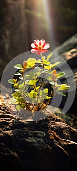 Red flower and moss in the forest on the mulch between stones and tree roots. Rays of sunshine. Flowering flowers, a symbol of