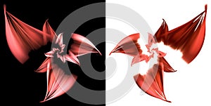 Red flower petals arranged in a spiral on white and black backgrounds. Set of graphic design elements. 3D rendering. 3D