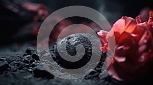 a red flower sitting on top of a pile of rocks