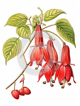 Red flower with three leaves and two berries. It is depicted as an illustration, possibly for educational or artistic