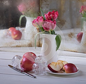 red flower white jug mirror still life