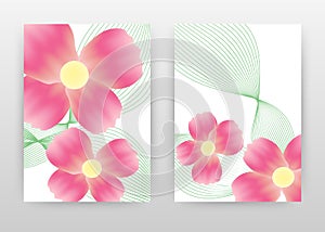 Red flowers 4 petals and green wave lines design for annual report, brochure, flyer, poster. Red floral background vector