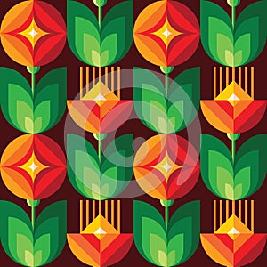 Red flowers and green leaves concept background design. Abstract artistic floral seamless pattern.