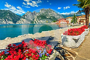 Red flowers and promenade,Lake Garda,Northern Italy,Europe