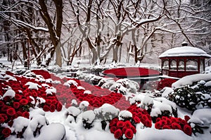 red flowers in snow background generated by AI tool