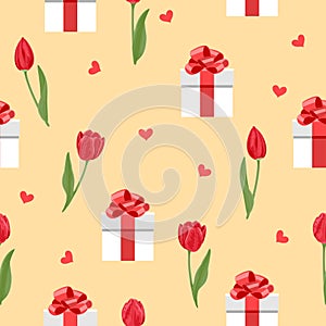 Red flowers tulips, hearts and white gift boxes with bows on a yellow background. Seamless festive pattern for Valentine`s Day.