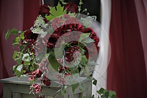 Red flowers in a vase on a background of red and white fabric drapery