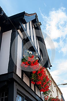 Red flowers in window box on Tudor building