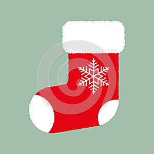 Red fluffy Christmas stocking with white snowflake on green background. Vector Christmas gift sock. Flat vector Illustration