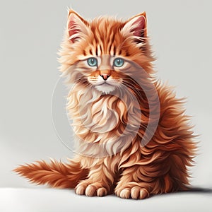 Red fluffy cute kitten sitting on white background. Cute animal in cartoon style. Beautiful illustration of a kitten, drawing of a