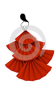 Red fluffy dress woman silhouette paper craft isolated 3D illustration