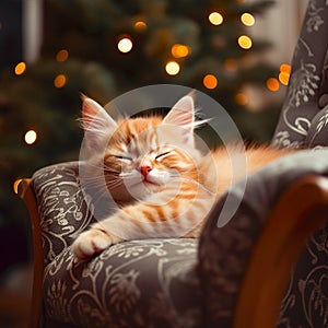 A red fluffy kitten sleeps in an armchair against the background of Christmas lights.