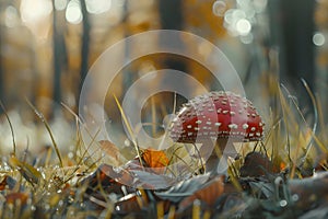 Red fly agaric in the grass in the autumn forest background, blurred background.