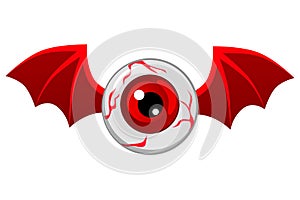 Red Flying Eyeball, Vector Illustration of flying human eyeball with bat or dragon wings