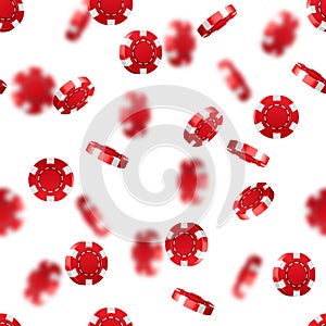 Red flying falling casino poker chips isolated on white background. Jackpot or winner concept. Seamless texture.