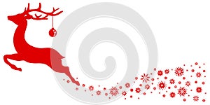 Red Flying Reindeer With Christmas Ball Looking Forward Stars