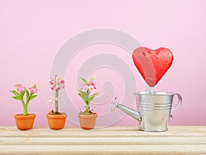 The red foiled chocolate heart stick with small silver watering can