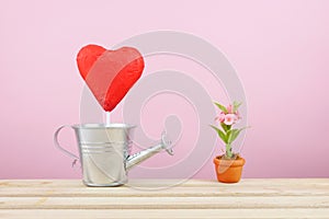 The red foiled chocolate heart stick with small silver watering can and mini fake flower in brown plant pot on wooden tray