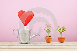 The red foiled chocolate heart stick with small silver watering can and mini fake flower in brown plant pot on wooden tray