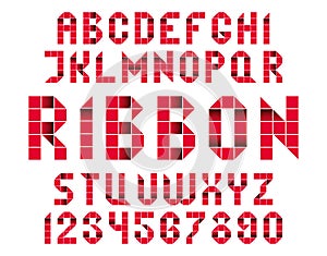 Red folded ribbon letters. Geometric typeface, twenty-six capital letters and ten numbers.