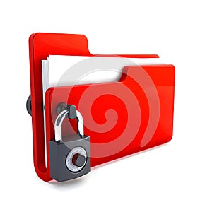 red folder with the lock isolated on white background. Data security concept. 3d render