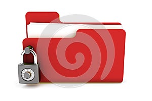 red folder with the lock isolated on white background. Data security concept. 3d render